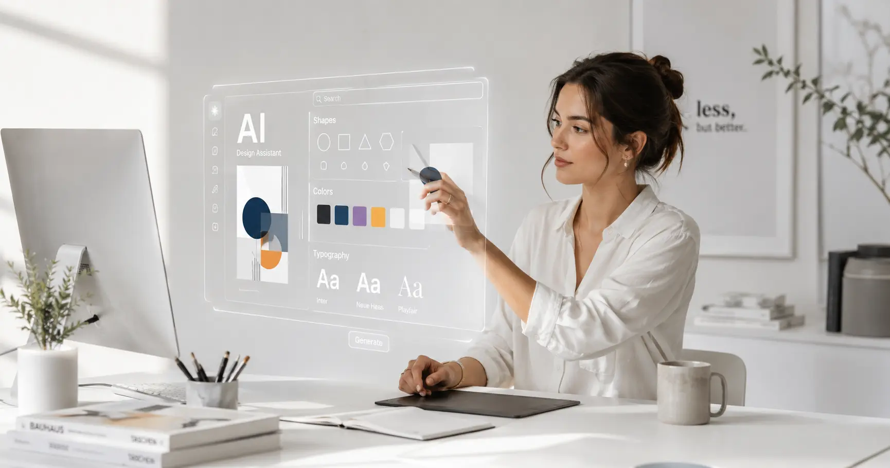 "A graphic designer working alongside AI tools on a digital canvas, representing the future of creative design in an AI-powered world."