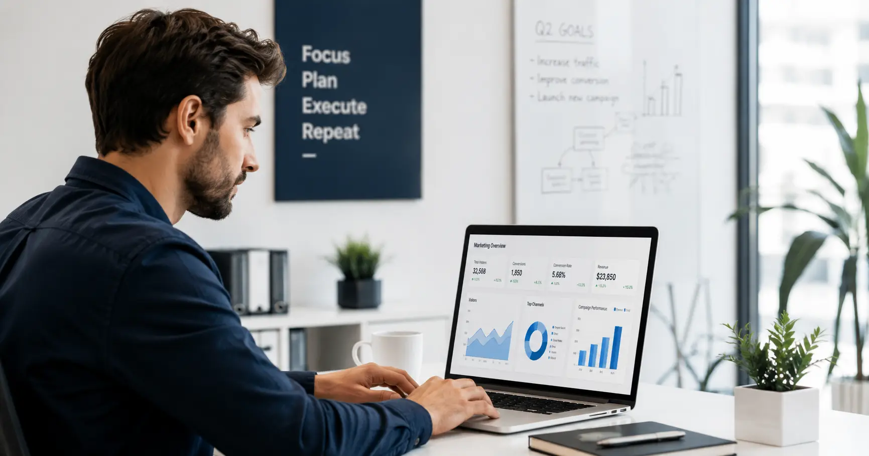 "A startup founder analyzing digital marketing strategy on a laptop with growth charts, symbolizing the power of digital marketing in a competitive business landscape."